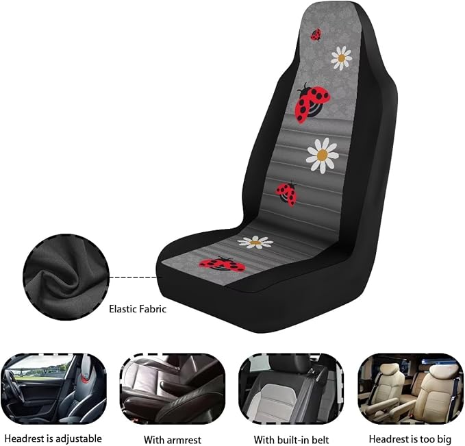 Ladybug Daisy Front Seat Covers for Cars Decorative Front Bucket Seat Cover Lightweight Automotive Seat Cushion Covers for SUV Vans Sedans Trucks