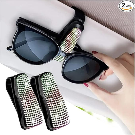 2PCS Bling Rhinestone Car Sun Visor Glasses Holders W/Anti-Scratch Sponge | Car Decoration for Women Girls,Ticket Card Clip Visor Organizer,Universal Rhinestone Auto Accessories