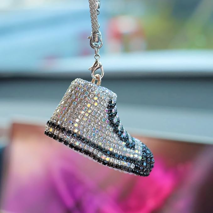 Bling Sneaker Shoe Sparkly Car Hanging Ornament, Cute Crystal Rear View Mirror Pendant, Diamond Rearview Mirror Charms, Lucky Car Interior Decor Accessories (White)