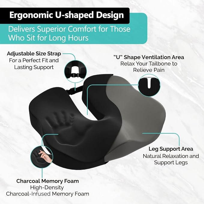 Seat Cushion - High-Density Charcoal Memory Foam Office Chair Cushion with Adjustable Strap & Washable Non-Slip Cover | Supports Sitting Posture for Office, Car & Home