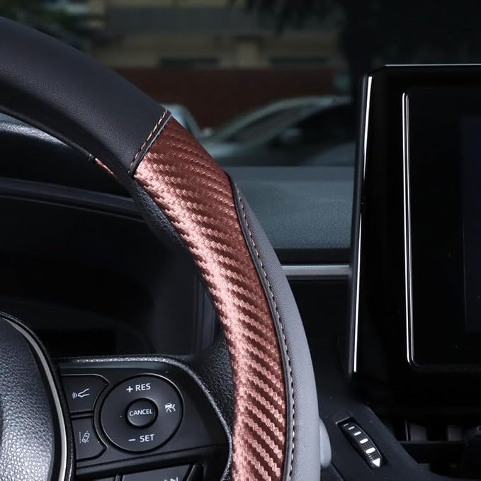 Brown Steering Wheel Cover - Carbon Fiber Texture and Premium Perforated Leather Sport Wrap with Odorless Rubber Non-Slip Inner, Universal Fit for Cars Trucks SUVS - 15 Inch (Brown)