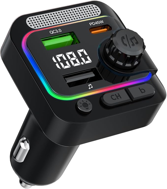 63W FM Transmitter Bluetooth Car Adapter, Wireless FM Bluetooth Transmitter | [PD 45W & QC3.0] Fast Charge, Deep Bass Player, Hands-Free Calling, Black