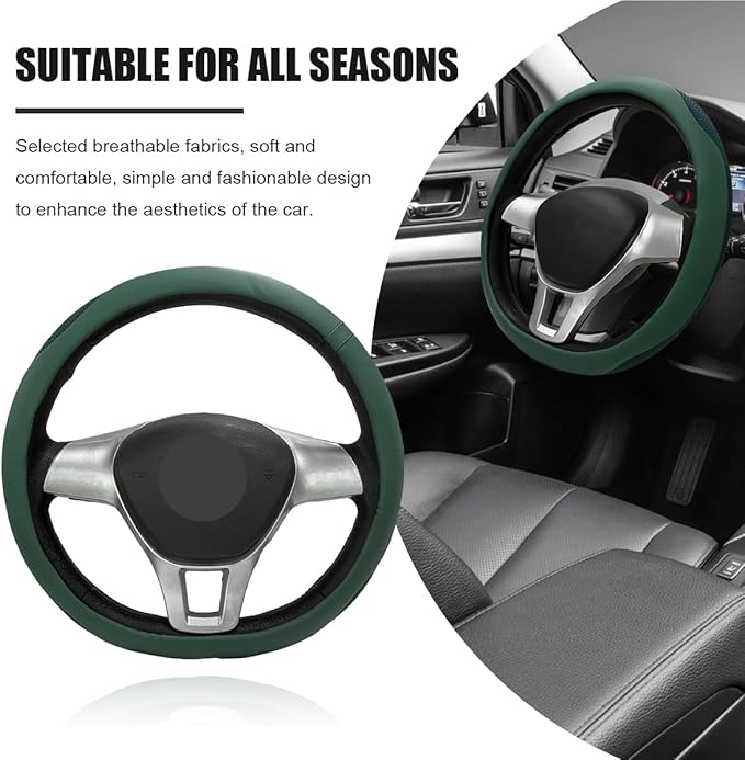 Car Steering Wheel Cover, Leather Breathable Ice Silk Auto Wheel Wrap with Anti-Slip Lining, Scratch-Resistant Elastic Protector Fit for 14.5-15 Inch Steering Wheels (Green)
