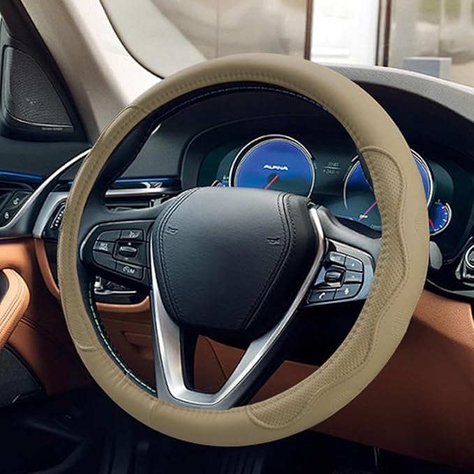 15 Inch Leather Car Steering Wheel Cover for SUV, Truck, Beige | Anti-Slip Breathable Automotive Steering Wheel Protector, Universal Heat Resistant Vehicle Interior Accessories
