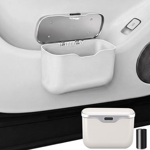Hanging Car Trash Can, Leakproof Garbage Bin with Lid, White | ABS Construction, Clip-On Door/Back Seat Pocket Mount, Waterproof Liner, Push-Top Opening, For Suvs, Trucks, Sedans, Vans