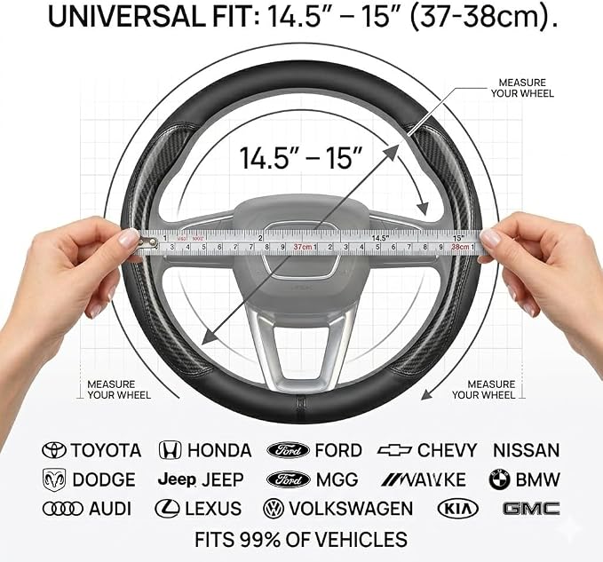 Carbon Fiber Car Steering Wheel Cover, Black Leather 14.5-15 Inch | Fine Microfiber Leather & Sporty Carbon Fiber Pattern Non-Slip Rubber Lining Fits 14.5 to 15 Inch Standard Wheels