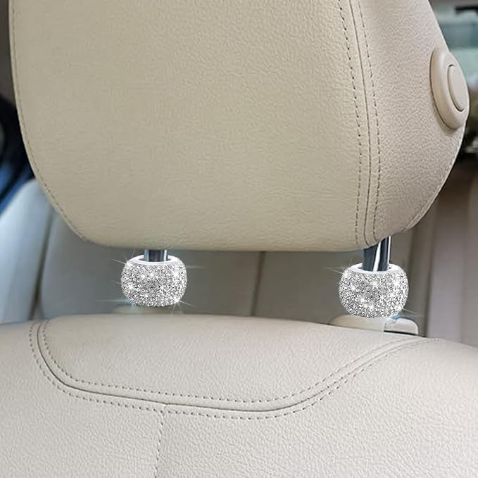 4PCS Bling Car Headrest Collars, Crystal Rhinestone Vehicle Head Rest Collars Decorative Rings, Diamond Automotive Seat Interior Charms Accessories, Universal for SUV, Sedan, Truck (White)