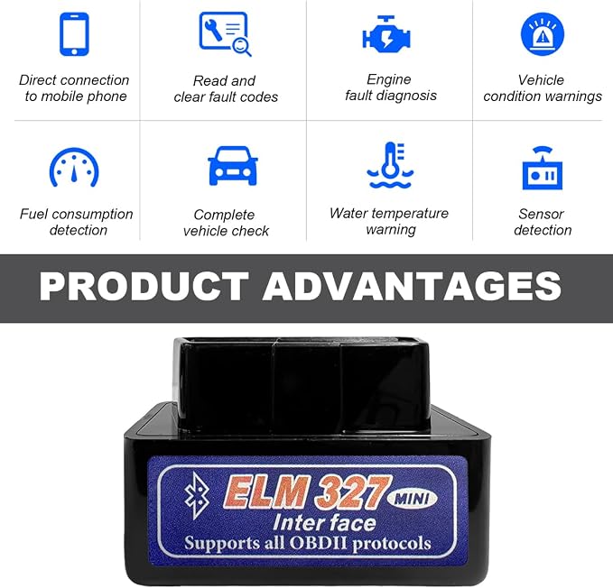 KVAEY OBDII Car Auto Diagnostic Scanner, ELM327 Automotive Bluetooth Scan Tool and Code Reader, Professional Car Bluetooth Engine Fault Code Reader, Universal Car Accessories (Black & Blue)