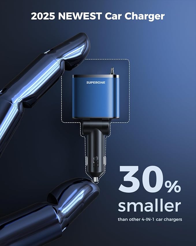 [Upgraded] 6 in 1 Retractable Car Charger, SUPERONE Smaller Fast Car Phone Charger 69W with Cord, USB C and iPhone Car Charger Adapter, Compatible iPhone 17/17 Pro Max/16/15/14/13, Sumsung
