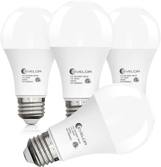 evelor 4-Packs A19 LED Light Bulbs,100 Watt Equivalent 5000K Daylight Bright Bulbs Efficient 13W,1500 Lumens E26 Base, Non-Dimmable, 15000-Hour Lifespan for Bedroom, Living Room, Office