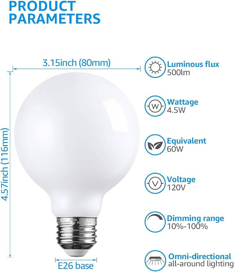 TORCHSTAR 6-Pack G25 Globe Light Bulbs LED Dimmable 4000K Cool White | Round Frosted Vanity Light Bulb for Bathroom, LED Edison Bulb, 4.5W Equivalent 60W, UL Listed, 500lm, E26 Base
