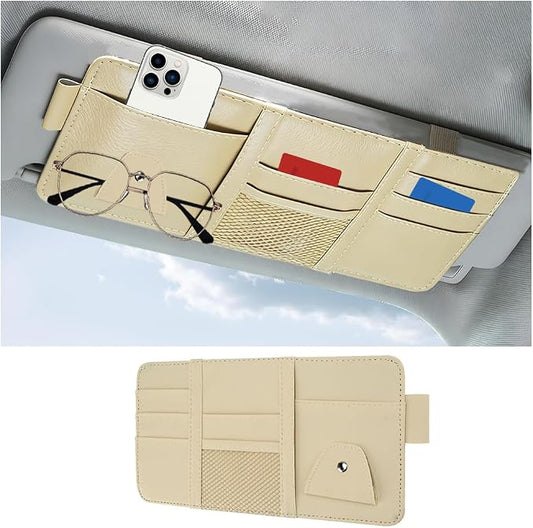 Car Sun Visor Organizer with Sunglasses Holder, Multi-Pocket Visor Storage Pouch Case for Ticket Card Phone Money, Auto Interior Sunvisor Organizer Bag, Universal for SUV Van Truck (Beige)