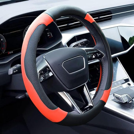 Orange Steering Wheel Cover Microfiber Leather Sporty Car Accessories for Men and Women,Breathable Non-Slip Universal Fit 14 1/2-15 Inch(Black and Orange)