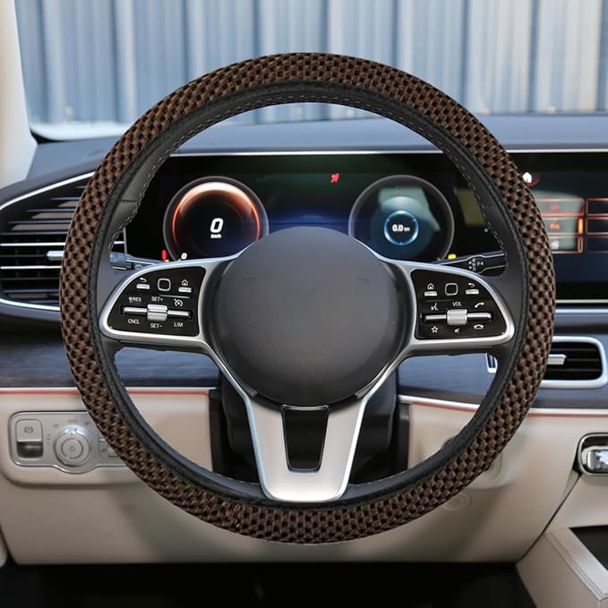 Elastic Stretch Steering Wheel Cover, for Men Women (Coffee) | 15" Breathable Microfiber Ice Silk Steering Wheel Protector, Universal Anti-Slip Warm in Winter&Cool in Summer Car Accessory