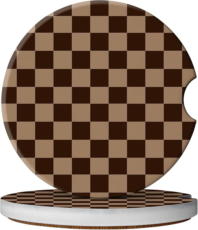 2 Pack Car Coasters for Cup Holders, Absorbent Ceramic Cup Coaster with Cork Base and Finger Notch, Cute Car Accessories Interior for Women Men (Grid-Brown)