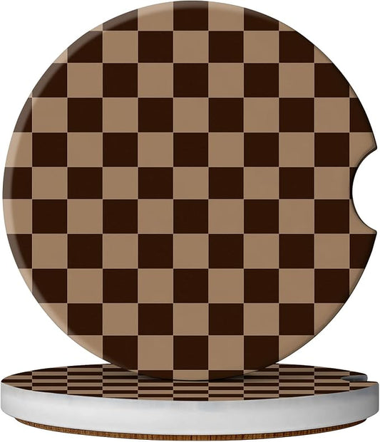 2 Pack Car Coasters for Cup Holders, Absorbent Ceramic Cup Coaster with Cork Base and Finger Notch, Cute Car Accessories Interior for Women Men (Grid-Brown)