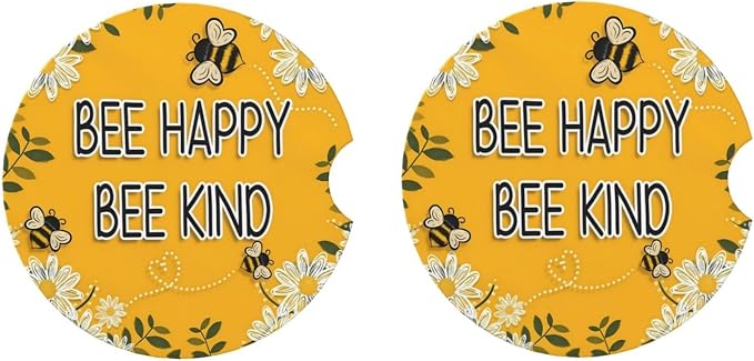 Bee Happy Bee Kind Daisy Absorbent Ceramic Car Coasters 2 Pack Round Insert Cupholder Coaster Car Cup Holder Mat with Finger Notch Anti-Slip Cork Base Reusable Drink Coasters 2.56 in