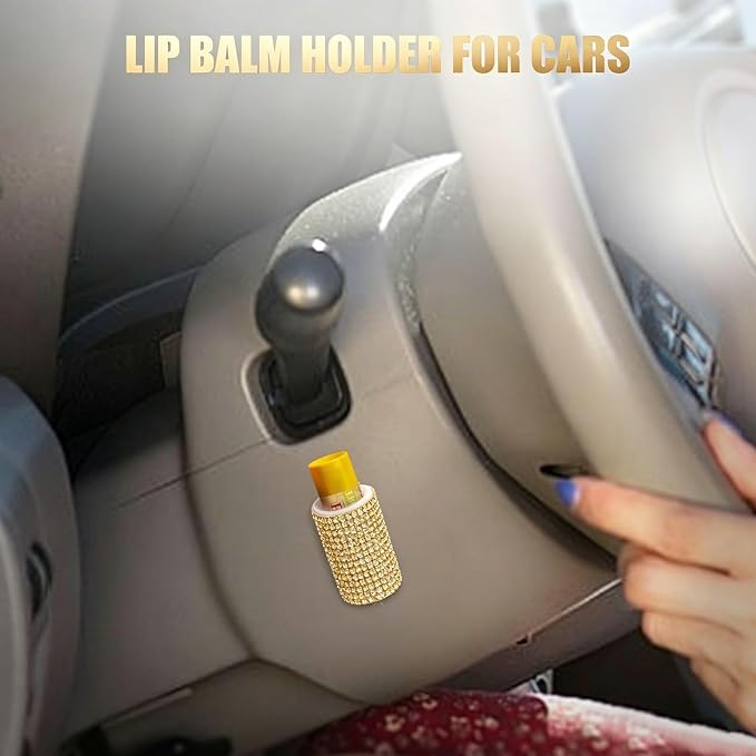 Upright Car Chapstick Holder, Bling Insulating Lip Balm Holder,Rhinestone Car Accessories for Women Interior ,Suitable for Most Vehicles. (Yellow)