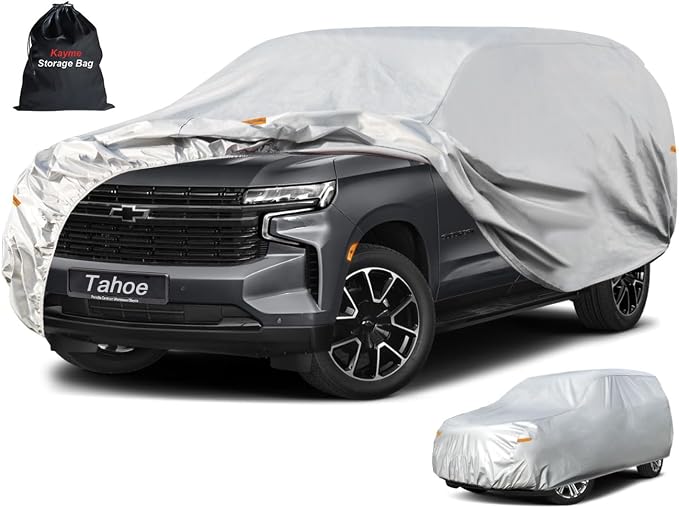 Kayme 6 Layers SUV Car Cover Custom Fit for Chevrolet Chevy Tahoe (2007-2025) Waterproof All Weather for Automobiles, Outdoor Full Cover Rain Sun UV Protection.Silver
