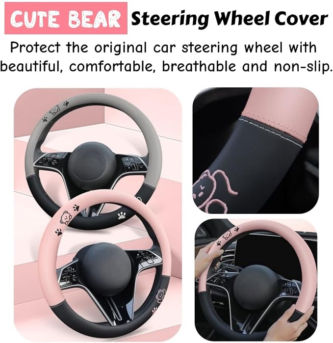 15 Inches Universal Round Leather Car Steering Wheel Cover, Cute Bear Soft Breathable Non-Slip Steering Wheel Protector Wrap (Pink-White)