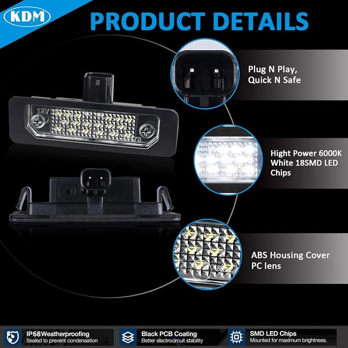 KDM LED License Number Plate Light Assembly Fit for Ford Mustang 2010-2014,Fusion 2006-2012,Taurus 2010-2019,Flex Focus Lincoln Mercury Rear Bumper Tag Lamp Replacement 6000K Bright White,2Pack