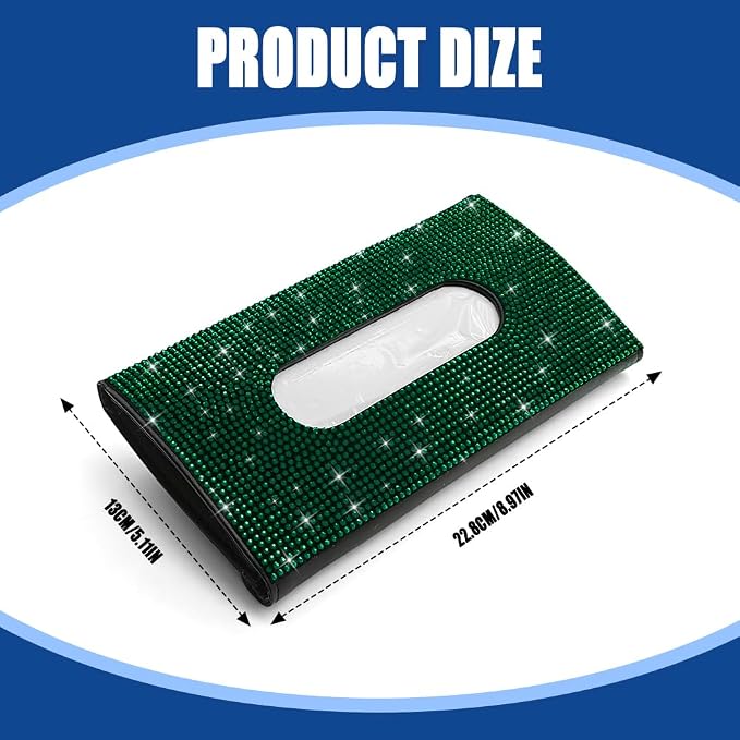 Bling Car Sun Visor Tissue Box Holder, Visor Accessories, Rhinestone PU Leather Crystal Sparkling Napkin Holder, Auto Sun Visor Paper Towel Cover Case Accessories for Most Cars (Green)