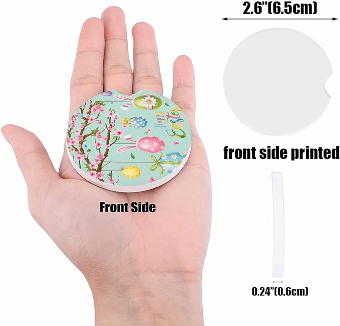 Small Car Coasters for Cup Holders 2.6" Dia Absorbent Set of 4 Interior Accessories for Women Men Easter Eggs Spring Bunny Ears Green Ceramic Coaster for Drinks With Finger Grooves