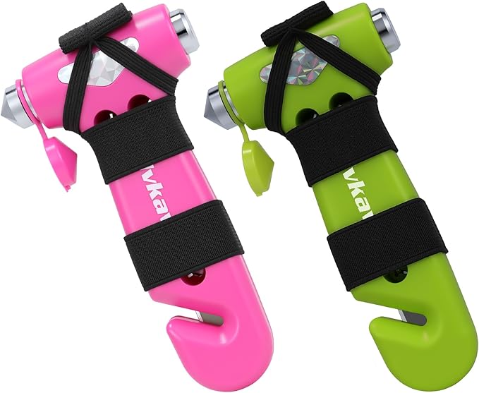 Car Safety Hammer, 3 in 1 Emergency Escape Tool with Window Breaker and Seat Belt Cutter, Window Glass Hammer, Road Trip Essential and Must Haves (Pink and Green)
