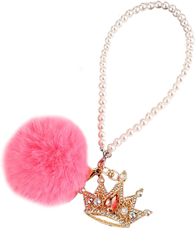 Pink Bling Car Accessories for Women Furry Pom Pom Crown with Pearl Chain Car Mirror Hanging Accessories for Women