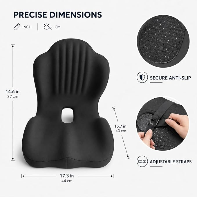 Pain Relief Ergonomic Seat Cushion with Lumbar Support, Memory Foam, L-Shaped, for Office Chair, Car Seat, Gaming Chair (Grey)