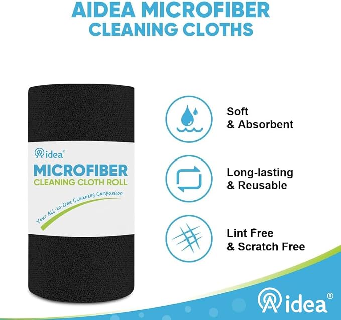 AIDEA Microfiber Cleaning Cloth 165 Sheets 3 Roll, Black Microfiber Towels for Cars, Shop Rags Washable, Cleaning Rags Reusable Paper Towels for Automotive, Mechanic, Workshops, House, 11×9"