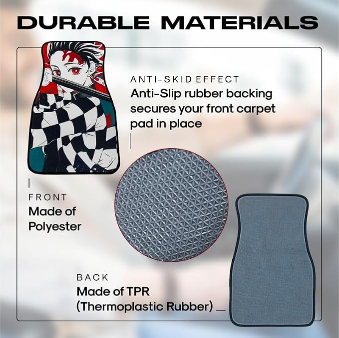 Anime Car Carpet Mat Set of 2 Front, Black Tnjro Design Automotive Accessories Interior All Weather Floor Mats Decor with Non Slip Black Anti Skid Backing