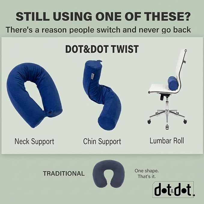 Dot&Dot Twist Memory Foam Travel Pillow, Bendable Neck Pillow for Airplane, Car and Home, 26-Inch Adjustable Roll with Washable Cotton Cover, Sapphire