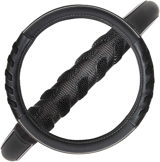 Flying Banner car Steering Wheel Cover Faux Leather Massage Universal fit 3D Honeycomb Hole Anti-Slip Sporty 15 Inches (Grey Black)