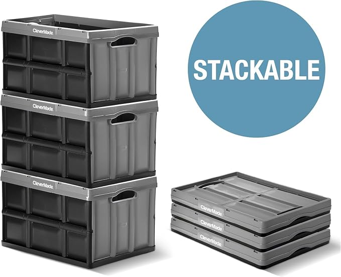 CleverMade Collapsible Plastic Storage Bins, 46L 3 Pack, Stacking, Ocean | Built-in handles simplify garage, car and household organization, while the roomy open-top keeps bulky supplies accessible