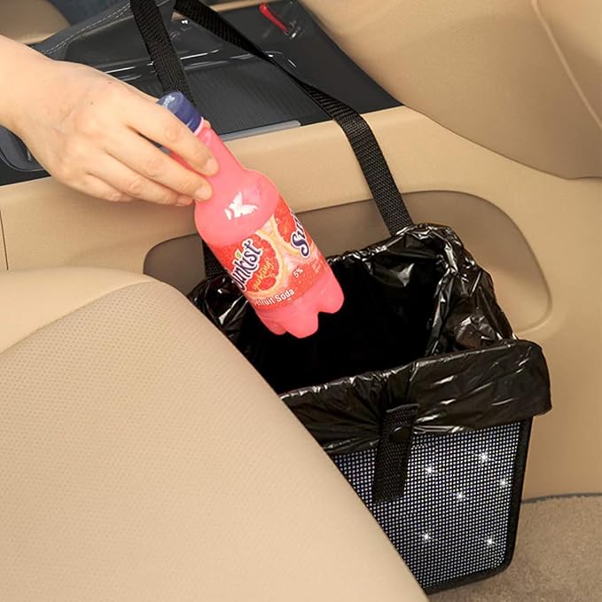 BELOMI Car Foldable Trash Can, Bling Rhinestone Crystal Auto Hanging Waterproof Leakproof Garbage Bin, Vehicle Waste Basket Dustbin, Multipurpose Car Organizer Accessories for SUV Truck RV (Red)