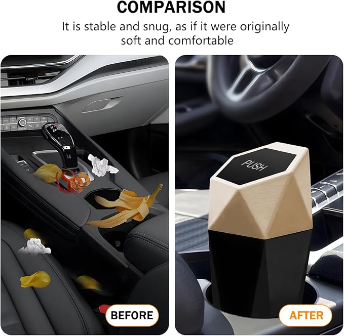 Car Trash Can with Lid, Mini Leakproof Fragrance Vehicle Cup Holder Garbage Bin for Console Door, Small Portable Auto Interior Dustbin Organizer Accessories, Universal Fit (Gold)