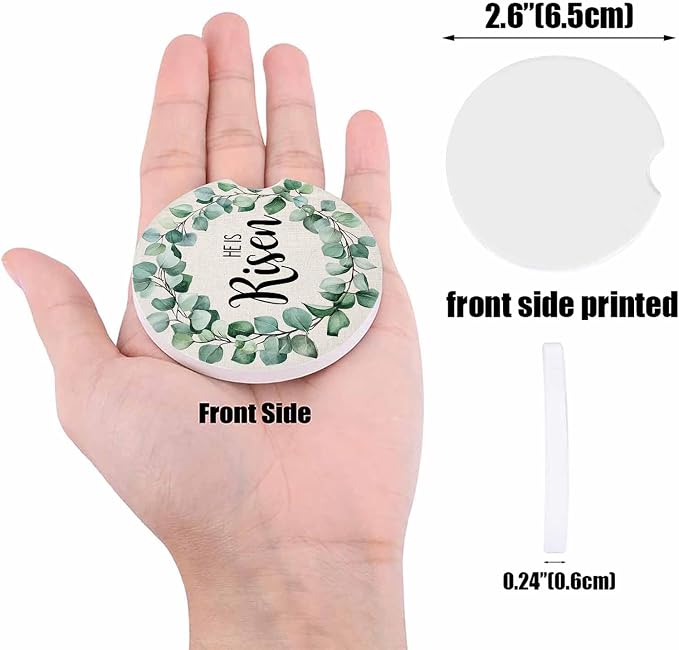 Car Coasters for Cup Holders 2.6"Dia Absorbent Coasters Set of 4 Car Interior Accessories for Women Men Spring Summer Eucalyptus Leaves Linen Bottom Ceramic Car Coaster for Drinks with Finger Grooves