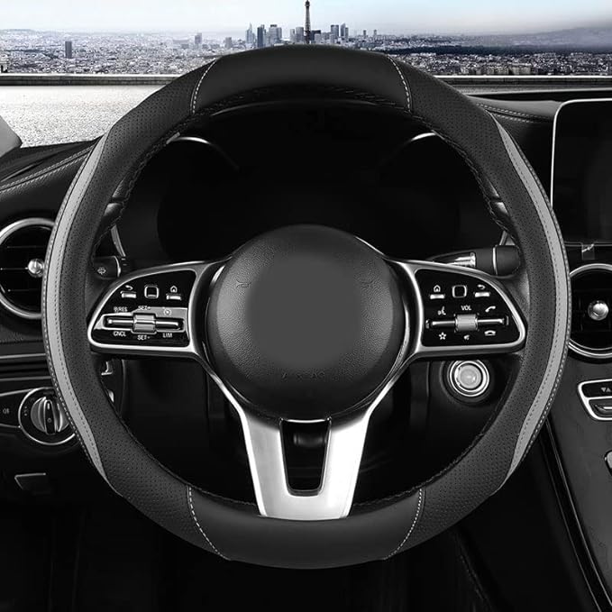 Car Steering Wheel Cover, Leather Steering Wheel Cover Grey Universal 14.5-15 Inch Microfiber Leather Anti-Slip Breathable Auto Steering Wheel Covers for Men Women (Black&Grey)