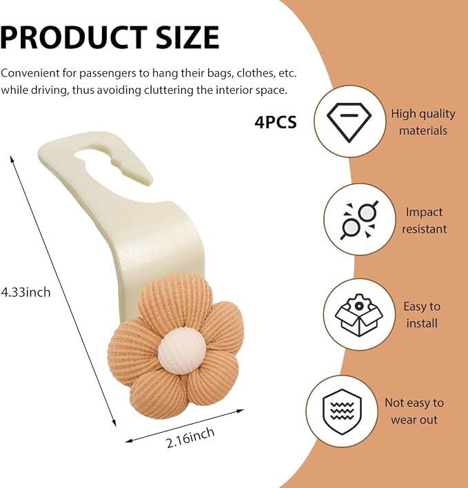 4 PCS Car Seat Headrest Hooks, Cute Flower Car Seat Back Organizer Bag Holder Hooks, Automotive Seat Hook Hanger Storage Organizer for Purse Cloth Grocery Bags, Car Accessories (Brown+White)