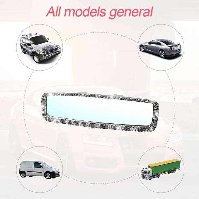 Car Bling Rearview Mirror, Rhinestones Crystal Diamonds Rear View Mirrors with HD Glass, Universal Clip-on Rear View Mirrors for Cars, Vehicles, SUVs, Car Accessories for Women Girls (Black)