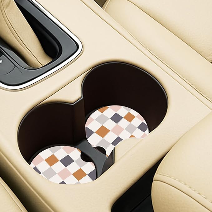 Ceramic Car Coasters – Absorbent Car Cup Holder Coaster Set for Women, Cute Aesthetic Car Accessories for Girls, 2 Pack (Ivory Beige)