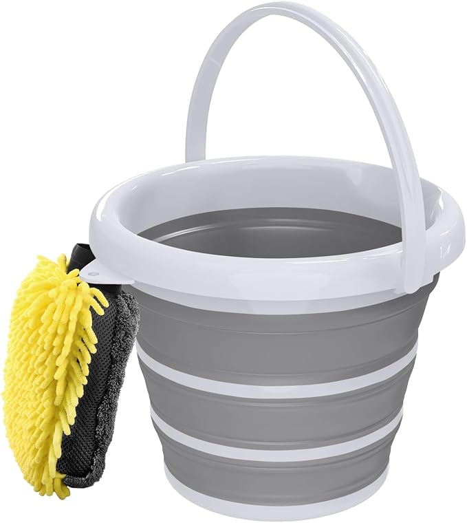 Collapsible Wash Bucket with Microfiber Mitt, 10L (2.6 Gallon) Portable Collapsiblle Buckett with Handle for Car Wash Household Cleaning, Multiuse Collapsibles Water Bucket and Car wash mitt - Grey