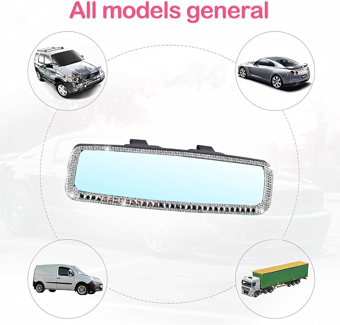Bling Car Rear View Mirror, Rhinestones Crystal Clip-on Rearview Mirror with HD Glass, Compatible with Most Cars, SUVs, Vehicles, Auto Interior Accessories for Women Girl (Silver)