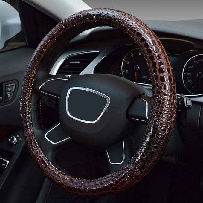 Crocodile Grain Leather Four Seasons Universal Car Steering Wheel Cover Sport Cute Handle Case for Men Auto Interior Accessories, Brown