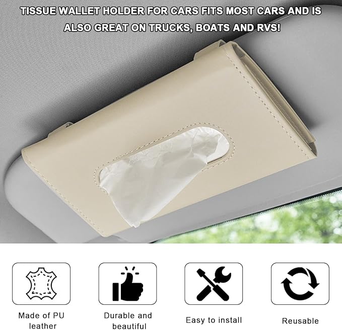 Car Tissue Holder, Vehicle Sun Visor Napkin Box Hanging Paper Towel Dispenser with Tissues Refill, Leather Backseat Paper Towel Case Visor Napkin Storage Holder for Most Cars (Beige)