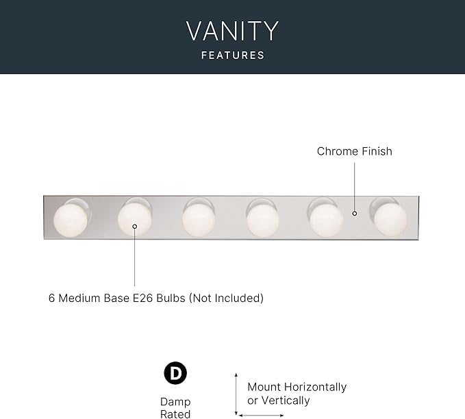 Kichler 6-Light Linear Bathroom Vanity Light Fixture, 36" Chrome Bath Bar for Bathroom over Mirror, Modern Transitional Wall Mount Lighting (36" W x 4.25" H x 2" D), 626CH