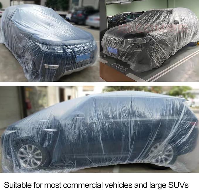4 Packs Disposable Car Cover Clear Plastic Car Cover Universal Rain Dust Garage Cover with Elastic Band Medium (15.7FT x 24.6FT)