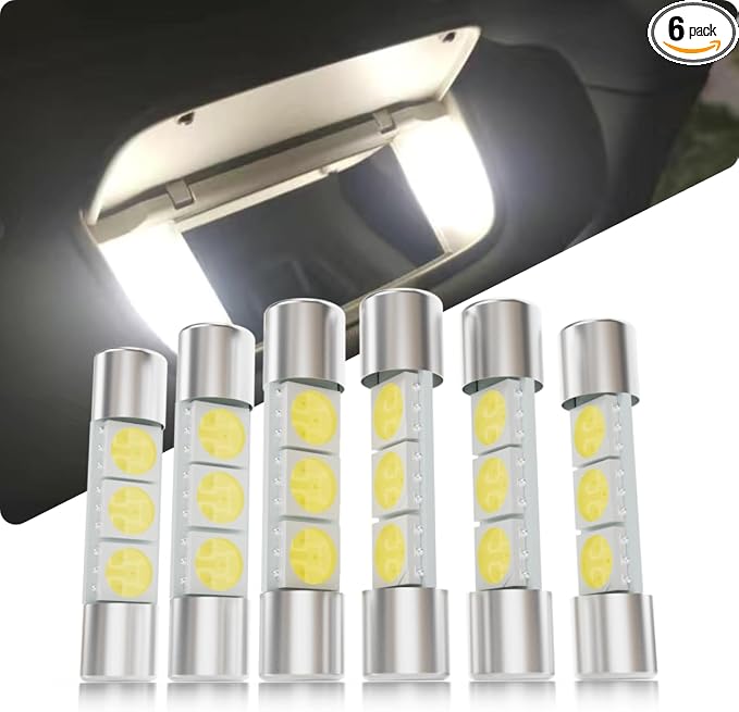 28mm Sun Visor Vanity Mirror Lights 6614F 29mm LED Car Bulb 6000k White Lights 6612F 6641 Fuse Type Bulbs, DC 12V 3SMD 5050 Chips, Pack of 6