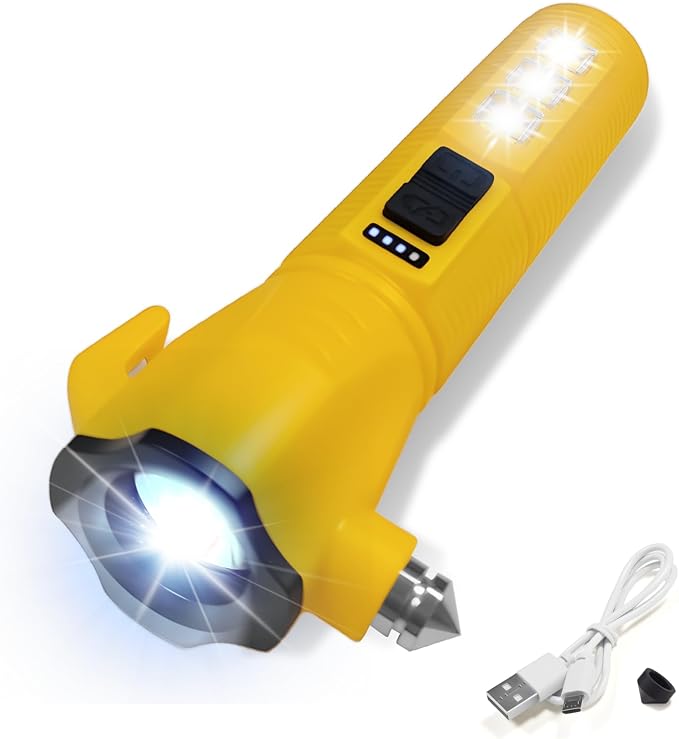 Emergency Car Flashlight - 2000 Lumen Dual Light 4-Level Battery Indicator Window Breaker & Seatbelt Cutter USB Rechargeable Ultra-Light 108g Car Emergency Too (Dark Yellow)